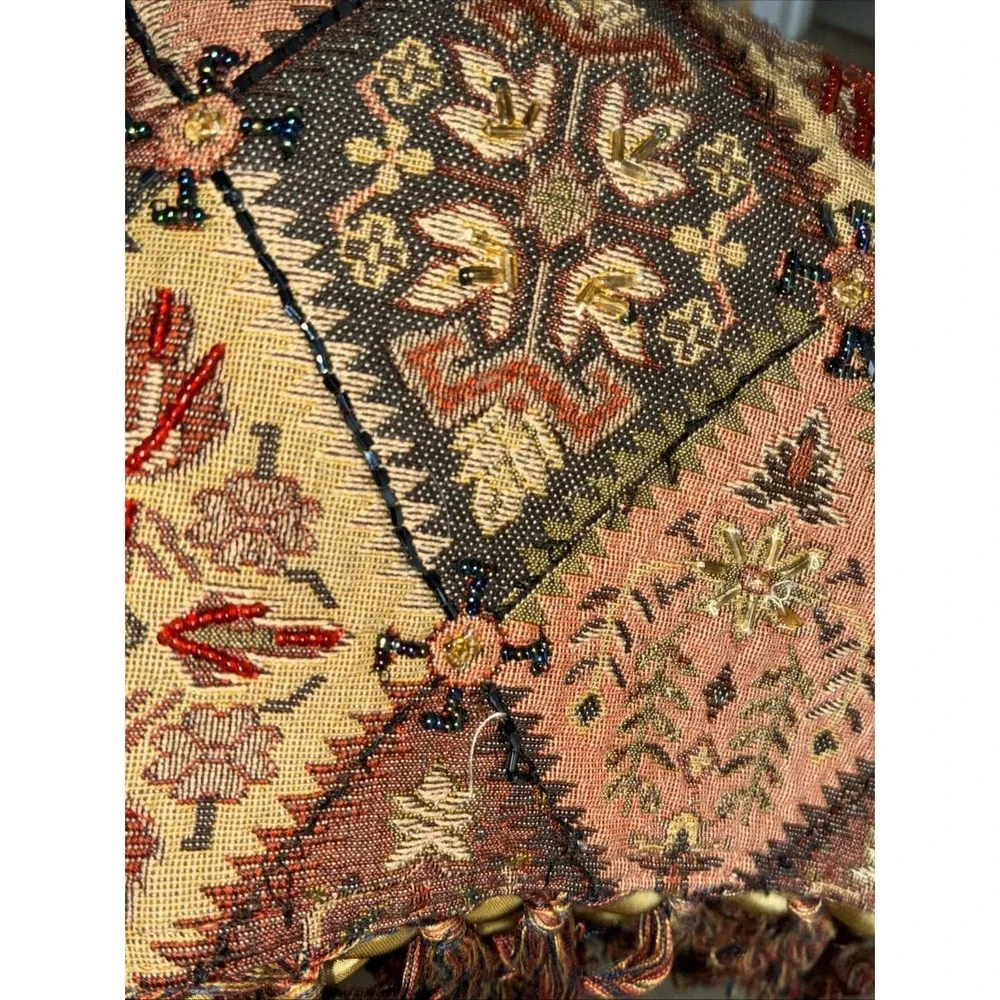 Vtg Pier 1 Tapestry Fringe Throw Blanket Boho Beaded Diamond Moroccan INDIA